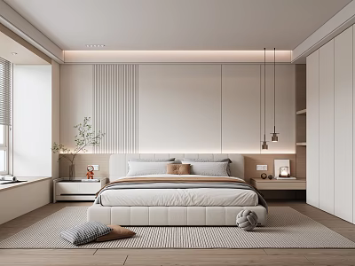 Modern Bedroom Interior Design With Striped Headboard Wall Upholstered Bed Wooden Nightstands And Pendant Lights 3d model