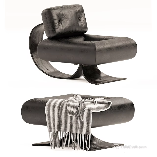 Black Leather Leisure Chair With Ottoman And Striped Blanket Unique Design 3d model 