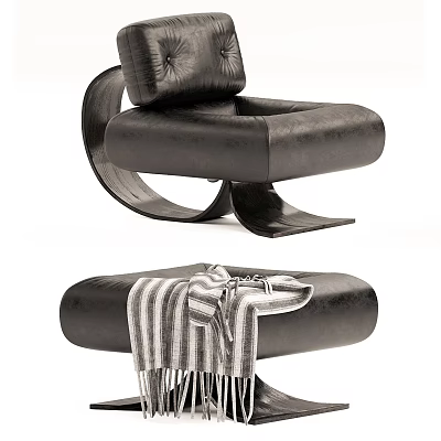 Black Leather Leisure Chair With Ottoman And Striped Blanket Unique Design 3d model