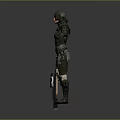 Futuristic Game Movie Character In Metallic Combat Suit With Helmet And Red Visor