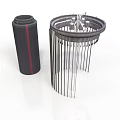 Industrial Equipment Including Cylindrical Device With Red Stripe And Circular Structure With Metal Strips