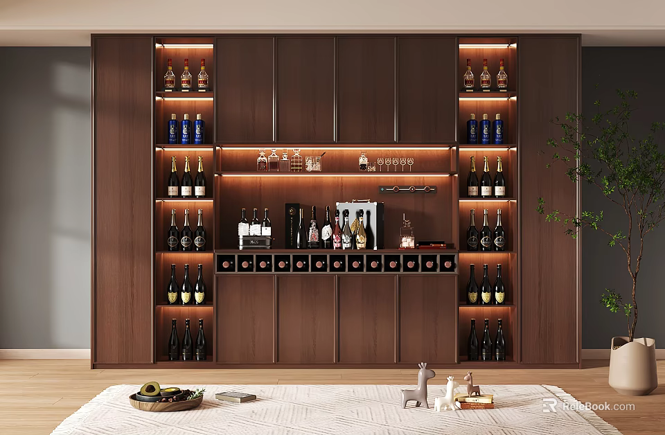 Modern Wooden Wine Cabinet With Lighting Wine Bottles And Glassware 3d model 