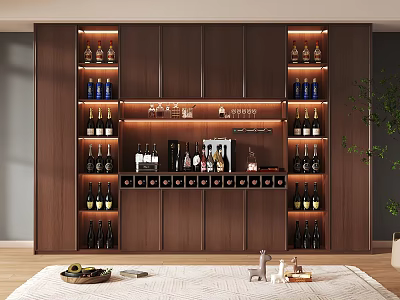 Modern Wooden Wine Cabinet With Lighting Wine Bottles And Glassware 3d model