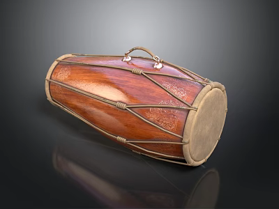 Traditional Handcrafted Wooden Drum With Leather Head And Carved Rope Detailing 3d model