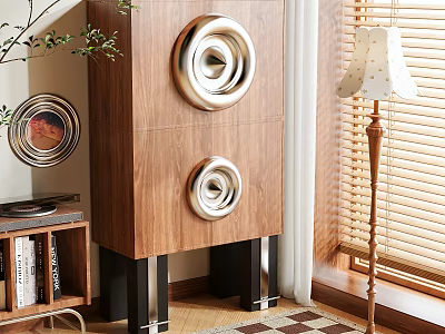 Elegant Modern Walnut Entryway Side Cabinet With Circular Metal Decor And Wooden Structure 3d model