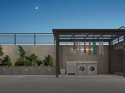 Garden Landscape Terrace With Plants Lighting Clothes Drying Area And Washing Machines 3d model