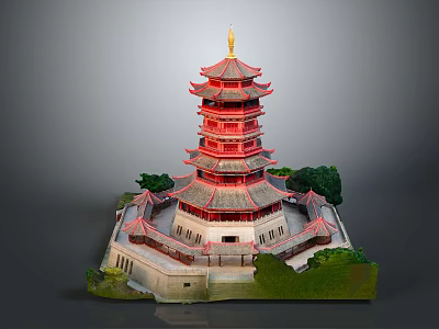 Ancient Chinese Multi Tiered Pagoda With Red Architecture Golden Spire Curved Eaves And Stone Base 3d model