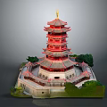 Ancient Chinese Multi Tiered Pagoda With Red Architecture Golden Spire Curved Eaves And Stone Base