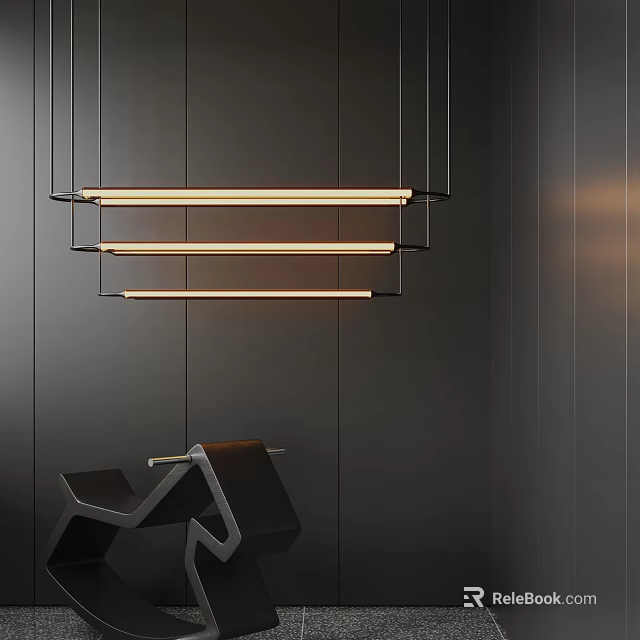Modern Linear Pendant Light Fixture With Multiple Hanging Bars In Dark Interior Space 3d model