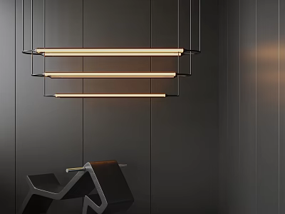 Modern Linear Pendant Light Fixture With Multiple Hanging Bars In Dark Interior Space 3d model