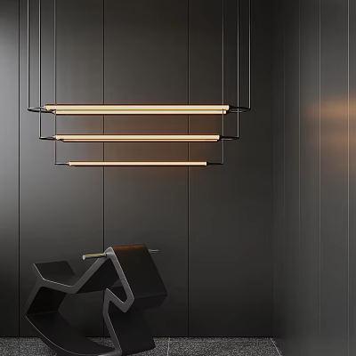 Modern Linear Pendant Light Fixture With Multiple Hanging Bars In Dark Interior Space 3d model