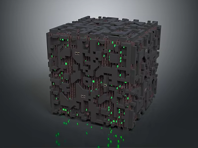 Intricate Mechanical Cube Structure With Green Glowing Lights And Geometric Patterns 3d model