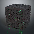Intricate Mechanical Cube Structure With Green Glowing Lights And Geometric Patterns 3d model