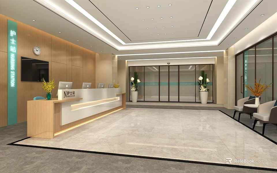 Modern Reception Hall Interior Design With Wooden Walls Glass Doors And Marble Floor 3d model 