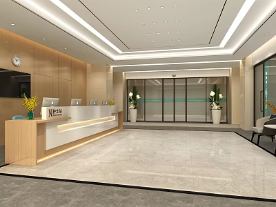 Modern Reception Hall Interior Design With Wooden Walls Glass Doors And Marble Floor 3d model