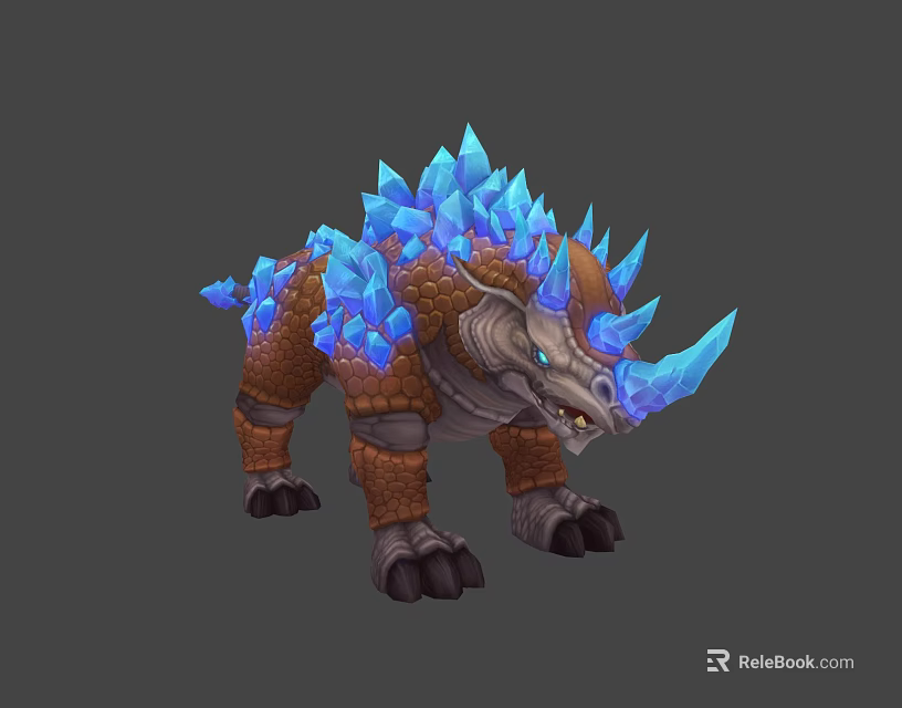 Fantasy Game Character Brown Armored Mythical Dinosaur With Blue Crystal Spikes And Horned Head 3d model 