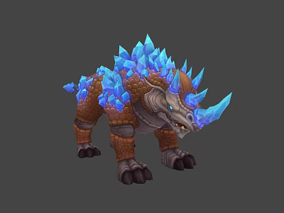 Fantasy Game Character Brown Armored Mythical Dinosaur With Blue Crystal Spikes And Horned Head 3d model