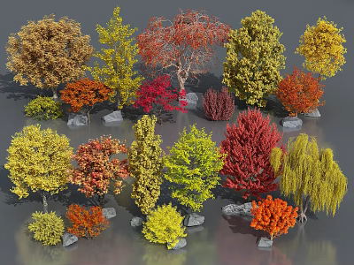 Diverse Arbor Collection with Colorful Seasonal Leaves and Natural Stone Bases 3d model