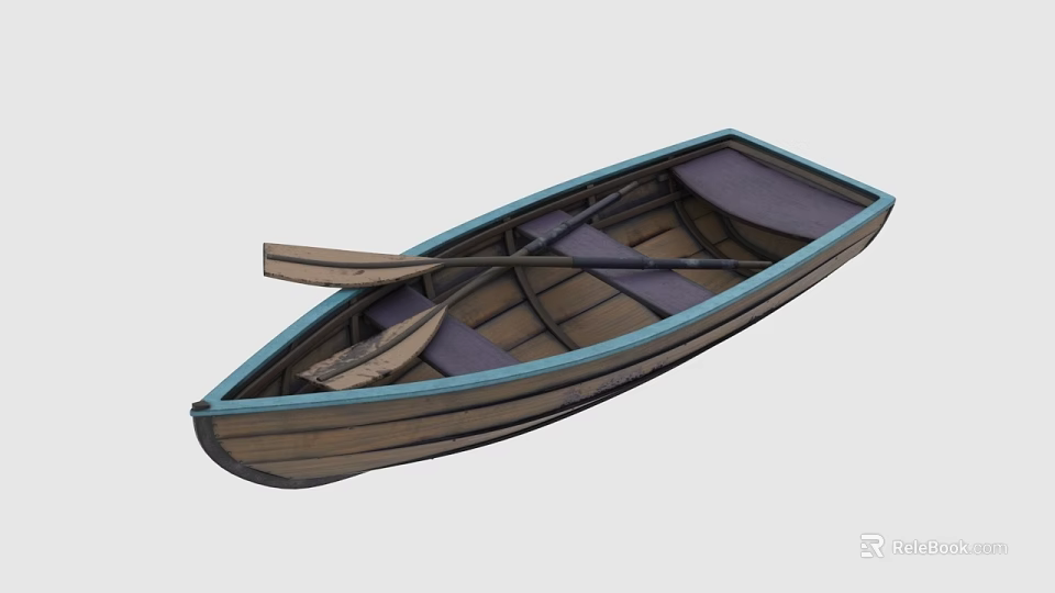 Small Wooden Boat With Oars Brown Hull Blue Trim And Purple Seats 3d model 