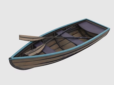 Small Wooden Boat With Oars Brown Hull Blue Trim And Purple Seats 3d model