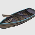 Small Wooden Boat With Oars Brown Hull Blue Trim And Purple Seats