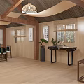 Traditional Tea House Interior With Wooden Beams Hanging Lamps Tables And Wooden Floor