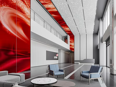 Modern Lobby Interior With Red Decorative Wall White Ceiling Furniture And Floor To Ceiling Windows 3d model
