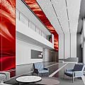 Modern Lobby Interior With Red Decorative Wall White Ceiling Furniture And Floor To Ceiling Windows