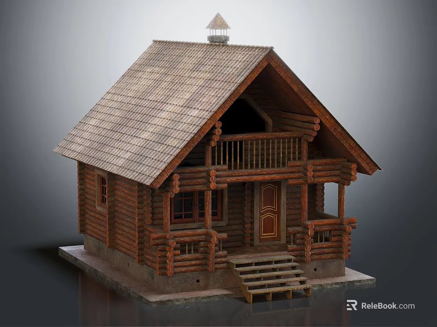 Rustic Log Cabin Featuring Gabled Roof Porch Railing Wooden Steps And Windows 3d model 