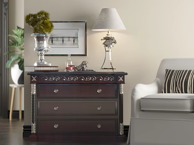Dark Wood Entryway Console Table With Drawers Table Lamp And Decorative Items Near Sofa 3d model