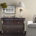 Dark Wood Entryway Console Table With Drawers Table Lamp And Decorative Items Near Sofa