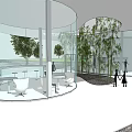 Modern Glass Public Building With Open Paved Ground Trees And People Walking