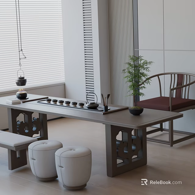 Traditional Tea Room Interior With Wooden Tea Table Tea Set Bamboo Plant And Chairs 3d model 