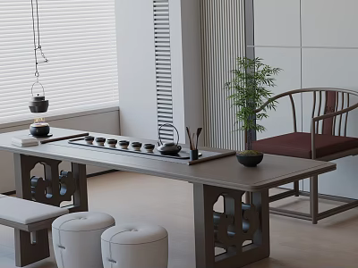 Traditional Tea Room Interior With Wooden Tea Table Tea Set Bamboo Plant And Chairs 3d model