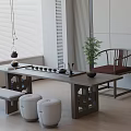 Traditional Tea Room Interior With Wooden Tea Table Tea Set Bamboo Plant And Chairs