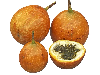Fresh Ripe Orange Passion Fruits With Whole And Cut Open Showing Inner Seeds 3d model