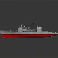 Military Naval Warship With Gray Hull Red Bottom And Radar Antennas