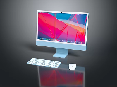 Light Blue All in One Desktop PC with Vibrant Screen White Keyboard Mouse on Sleek Surface 3d model