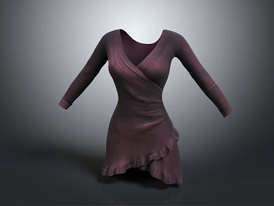 Elegant Purple Long Sleeve V Neck Dress With Ruffled Hem Design Details 3d model