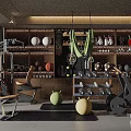 Sports Equipment in Modern Gym with Dumbbells Yoga Balls Exercise Bikes Rackets and Wooden Shelves