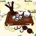 Traditional Tea Set With Bamboo Tray Various Teapots And Ceramic Cups 3d model