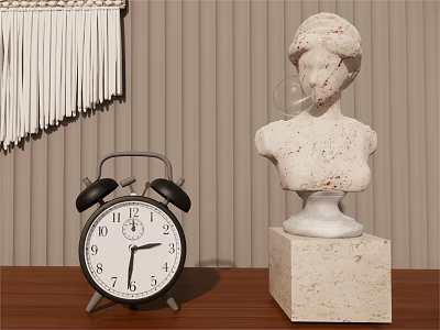 Black Alarm Clock On Wooden Tabletop With Marble Bust Statue And Fringe Decoration 3d model