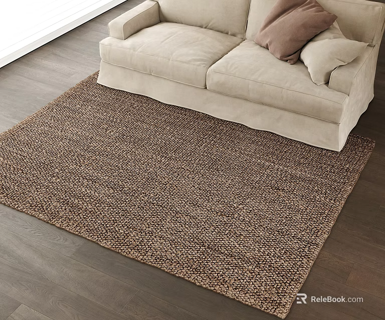 Brown Woven Square Rug in Living Room with Beige Sofa and Wooden Floor 3d model 