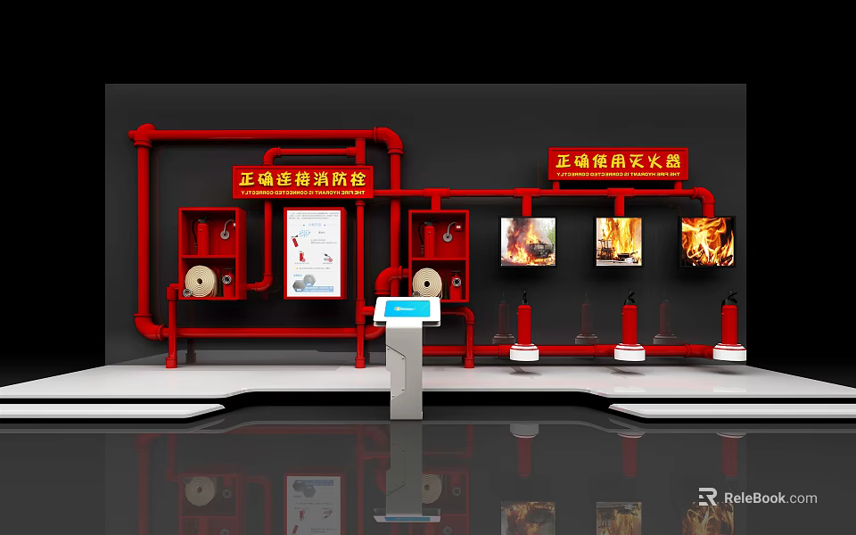 Fire Safety Display Wall With Red Pipeline Diagrams And Extinguisher Usage Guide 3d model 