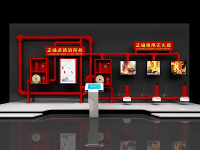 Fire Safety Display Wall With Red Pipeline Diagrams And Extinguisher Usage Guide 3d model