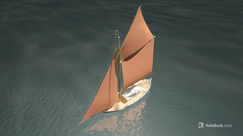 Vintage Wooden Sailboat With Brown Sails Floating On Calm Water Surface Reflection 3d model 