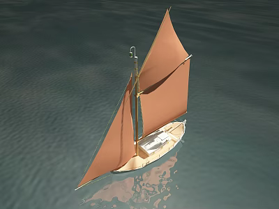 Vintage Wooden Sailboat With Brown Sails Floating On Calm Water Surface Reflection 3d model