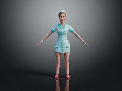 Woman Nurse 3D Model Standing in Blue Uniform with Red Shoes on Gray Background 3d model