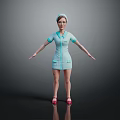 Woman Nurse 3D Model Standing in Blue Uniform with Red Shoes on Gray Background