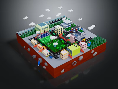 3D Miniature City Model Featuring Urban Scene Small Buildings Green Areas Roads Trees And Clouds 3d model